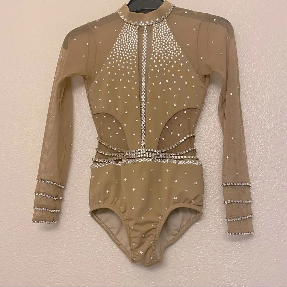 LA dance solo custom tan nude beige illusion leotard costume bedazzled bling LC